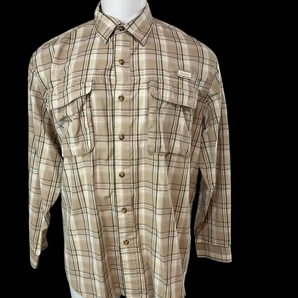 Timberland Button Up Mens XL Brown Plaid Turbo-Dry Pockets Vented Fishing (655)